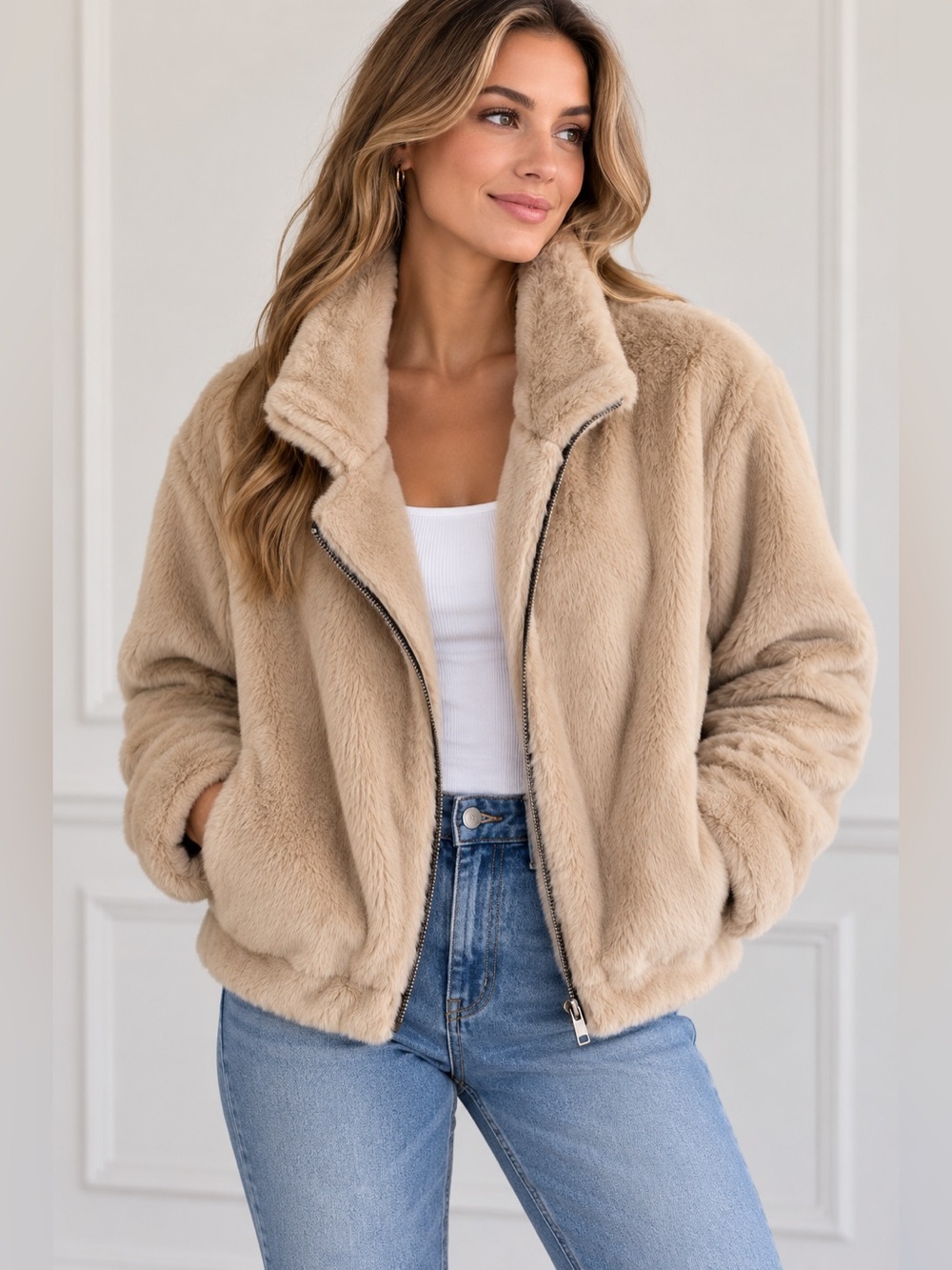 saltwater LUXE Plush Beige Teddy Zip Jacket